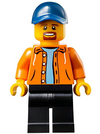 Минифигурка Lego Race Official - Male, Orange Jacket Hoodie over Medium Blue Sweater, Black Legs, Dark Blue Cap with Hole, Goatee sc029